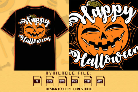 Happy Halloween T Shirt, Spider Net Shirt, Halloween Pumpkin Shirt, Funny Pumpkin Face Shirt, Happy Halloween Shirt Print Template SVG Depiction Studio 