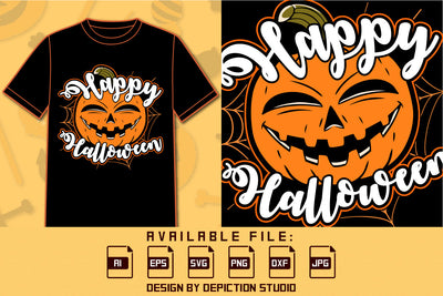 Happy Halloween T Shirt, Spider Net Shirt, Halloween Pumpkin Shirt, Funny Pumpkin Face Shirt, Happy Halloween Shirt Print Template SVG Depiction Studio 