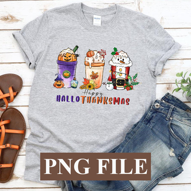 Happy Halloween Thanksgiving Chritmas Coffee PNG, Hallothanksmas Coffee PNG SVG BOO-design 