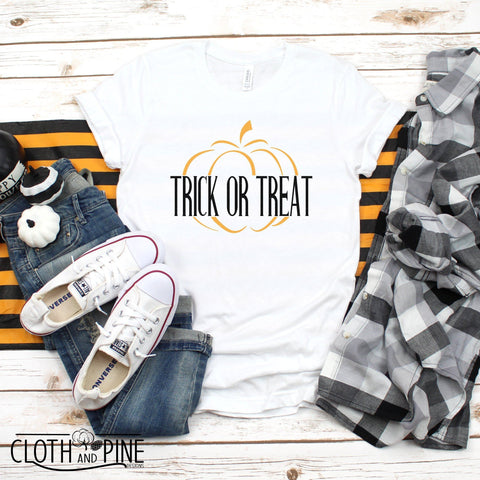Happy Halloween, Trick or Treat with Pumpkin Split Frame Outline SVG Cloth and Pine Designs 