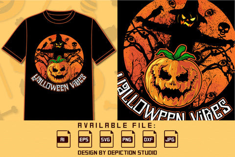 Happy Halloween Vibes Pumpkin T Shirt, Scary Pumpkin Shirt, Halloween Retro Vintage Scary Shirt, Halloween Skull Shirt Print Template SVG Depiction Studio 