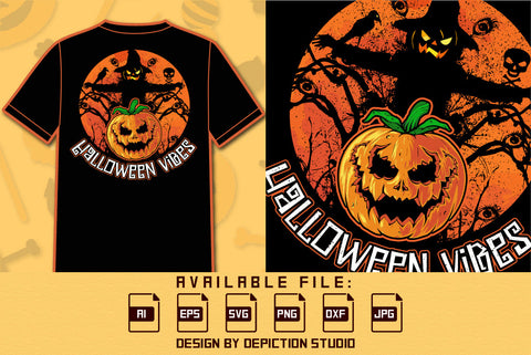 Happy Halloween Vibes Pumpkin T Shirt, Scary Pumpkin Shirt, Halloween Retro Vintage Scary Shirt, Halloween Skull Shirt Print Template SVG Depiction Studio 