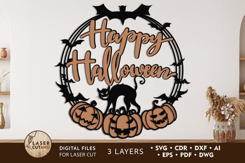 HAPPY HALLOWEEN WREATH Multilayer Laser Cut Files, Mandala, Round Sign SVG, 3D Designs SVG LaserCutano 
