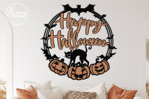 HAPPY HALLOWEEN WREATH Multilayer Laser Cut Files, Mandala, Round Sign SVG, 3D Designs SVG LaserCutano 
