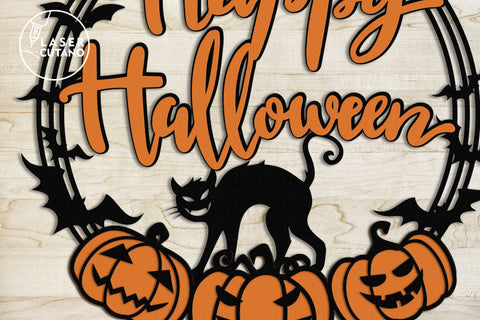 HAPPY HALLOWEEN WREATH Multilayer Laser Cut Files, Mandala, Round Sign SVG, 3D Designs SVG LaserCutano 
