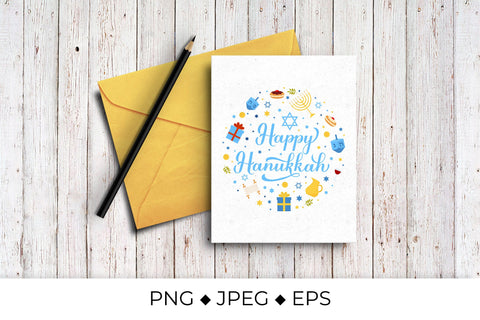 Happy Hanukkah calligraphy lettering with traditional items round sign Sublimation LaBelezoka 