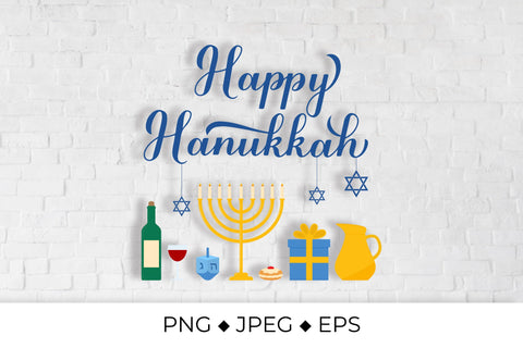 Happy Hanukkah calligraphy lettering with traditional items Sublimation LaBelezoka 