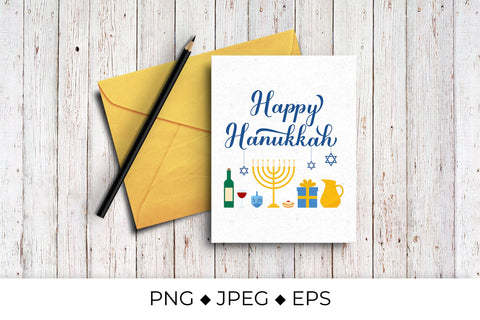 Happy Hanukkah calligraphy lettering with traditional items Sublimation LaBelezoka 