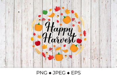 Happy Harvest calligraphy lettering with fall leaves, pumpkins and wheat ears Sublimation LaBelezoka 