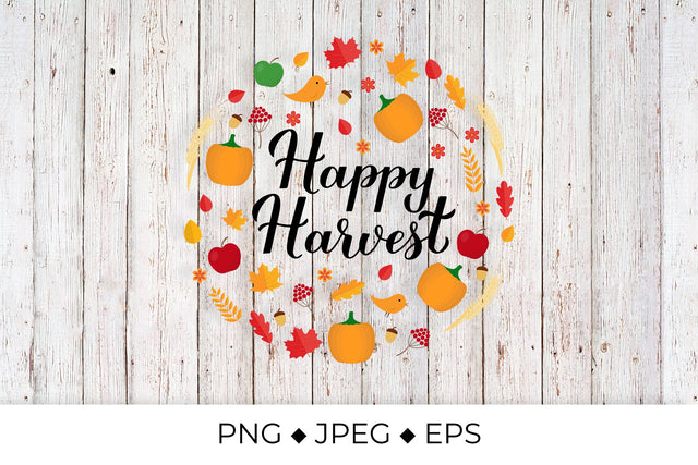 Happy Harvest calligraphy lettering with fall leaves, pumpkins and wheat ears Sublimation LaBelezoka 