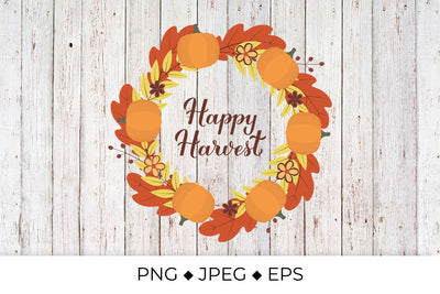 Happy Harvest calligraphy lettering with wreath of colorful autumn leaves, flowers and pumpkins Sublimation LaBelezoka 