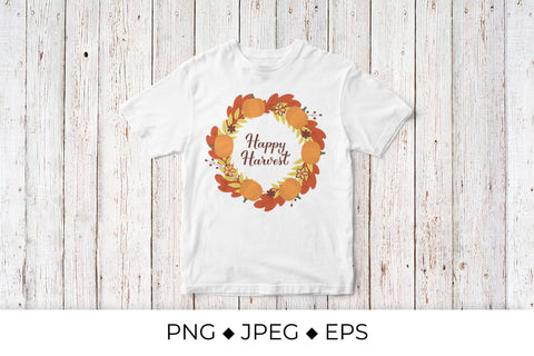 Happy Harvest calligraphy lettering with wreath of colorful autumn leaves, flowers and pumpkins Sublimation LaBelezoka 