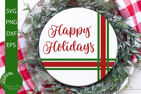 Happy Holidays Round Sign SVG-Plaid Christmas Round SVG SVG Linden Valley Designs 