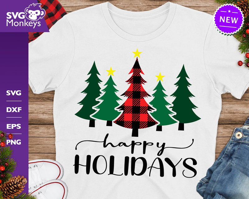 Happy Holiday's Svg, Christmas Trees Buffalo Plaid Svg - So Fontsy