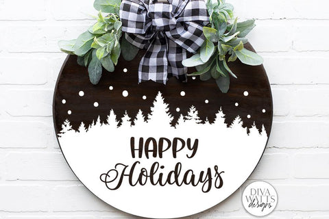 Happy Holidays SVG | Tree & Snow Winter Scene Design for Round Signs SVG Diva Watts Designs 