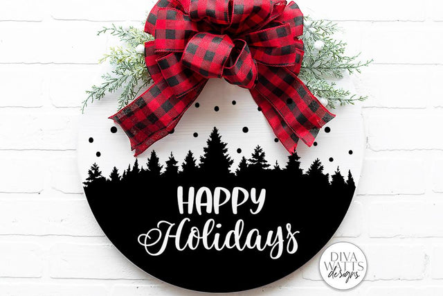 Happy Holidays SVG | Tree & Snow Winter Scene Design for Round Signs SVG Diva Watts Designs 