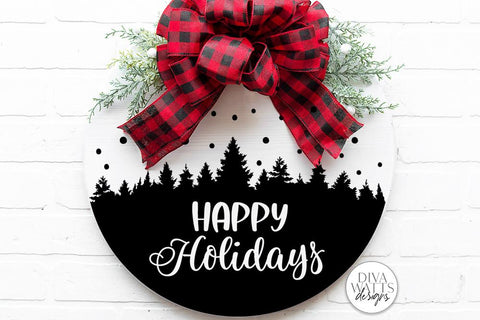 Happy Holidays SVG | Tree & Snow Winter Scene Design for Round Signs SVG Diva Watts Designs 