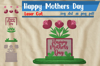 Happy Mothers Day Flowers Pot Laser Cut SVG zafrans studio 