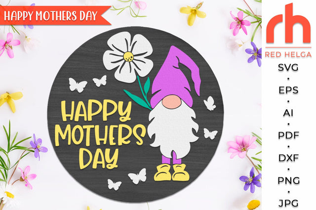 Happy Mothers Day SVG, Round Hanger Cut File, Gnome with Flower Silhouette, Layered Door Sign SVG RedHelgaArt 