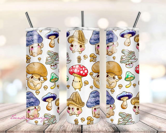 Happy Mushrooms Nature 20oz Straight Tumbler Wrap Design PNG Sublimation TrendingDesign 