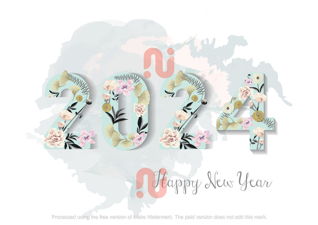 Happy New Year 2024 with watercolor flowers and a lot of leaves background SVG naemmiah021 