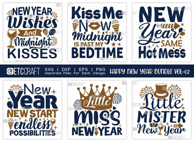 Happy New Year Bundle Vol-02 | New Year Wishes And Midnight Kisses Svg | New Year Same Hot Mess Svg | Little Miss New Year Svg | Little Mister New Year Svg | Happy New Year Quote Design SVG ETC Craft 