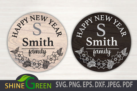 Happy New Year Family Monogram SVG - Floral Frame Round Sign SVG Shine Green Art 
