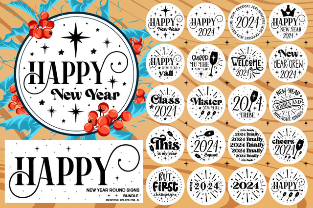 Happy New Year Round Sign Svg Bundle , New Year Svg Bundle , Halloween svg bundle , free design SVG designmaster24 