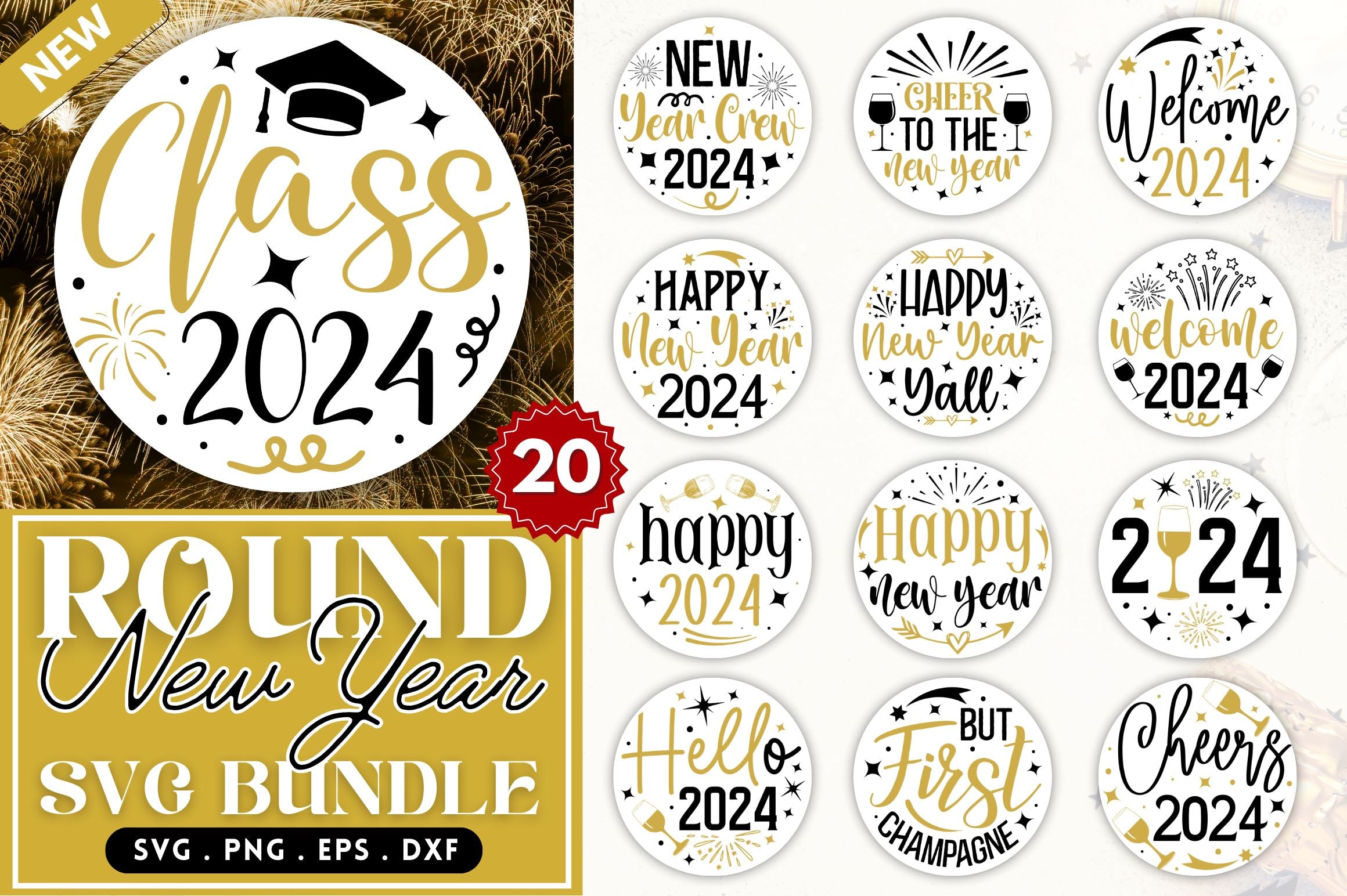 Happy New Year Round Sign svg Bundle - So Fontsy