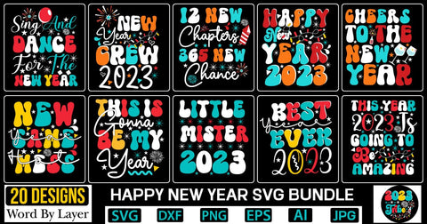 Happy New Year Svg Bundle Retro SVG Design Cut File SVGs,Quotes and Sayings,Food & Drink,On Sale, Print & Cut SVG DesignPlante 503 