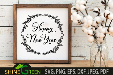Happy New Year SVG - Flower Wreath for Round Sign, Card SVG Shine Green Art 