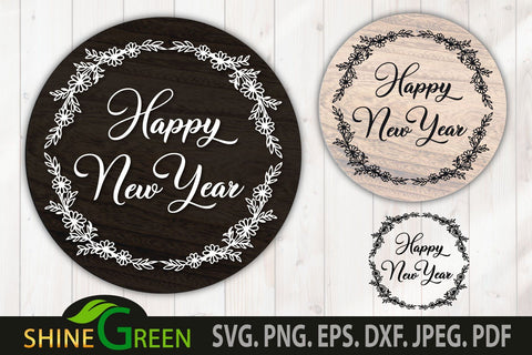 Happy New Year SVG - Flower Wreath for Round Sign, Card SVG Shine Green Art 