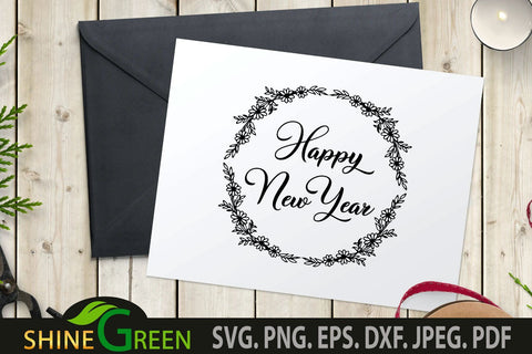 Happy New Year SVG - Flower Wreath for Round Sign, Card SVG Shine Green Art 