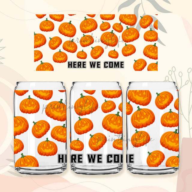 Happy Pumpkin Halloween Party 16 oz Libbey Glass Can Sublimation Png, Hello Fall , Falling Leaves , Autumn Pumpkin Glass can Halloween Sublimation PrintingLife 