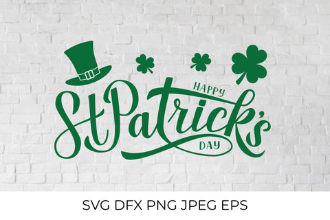 Happy St. Patrick’s Day calligraphy hand lettering, Leprechaun`s hat and clover SVG LaBelezoka 