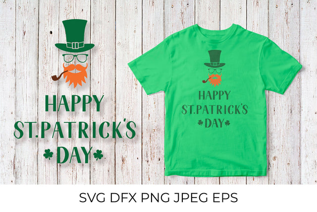 Happy St. Patrick’s day. Cartoon Leprechaun green hat, mustache, beard, pipe SVG LaBelezoka 