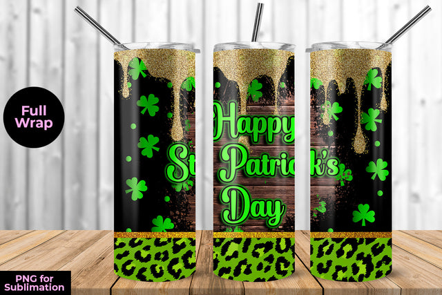 Happy St Patricks Day Clovers Leopard & Glitter 20 oz Skinny Tumbler Wrap Design Sublimation Sublimatiz Designs 