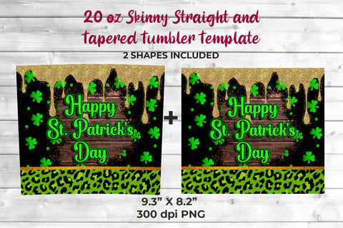 Happy St Patricks Day Clovers Leopard & Glitter 20 oz Skinny Tumbler Wrap Design Sublimation Sublimatiz Designs 