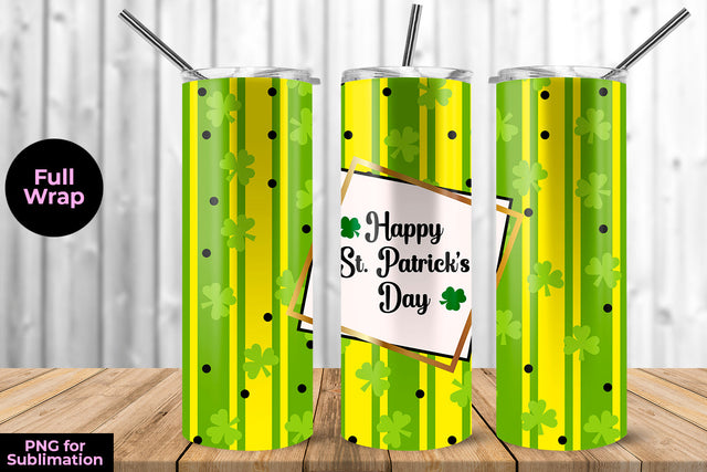 Happy St. Patrick's Day Clovers & Stripes 20 oz Skinny Tumbler Wrap Sublimation Design Sublimation Sublimatiz Designs 