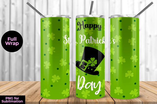 Happy St. Patrick's Day Hat & Clovers 20 oz Skinny Tumbler Wrap Sublimation Design Sublimation Sublimatiz Designs 