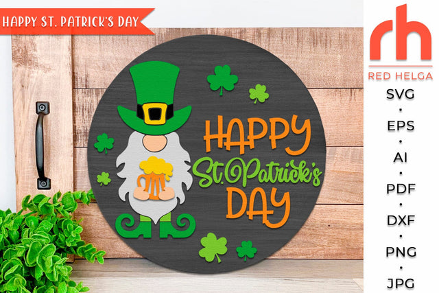 Happy St. Patrick's Day SVG, Round Hanger Cut File, Gnome Porch Sign DXF SVG RedHelgaArt 