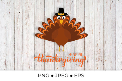 Happy Thanksgiving calligraphy hand lettering with cute cartoon turkey Sublimation LaBelezoka 