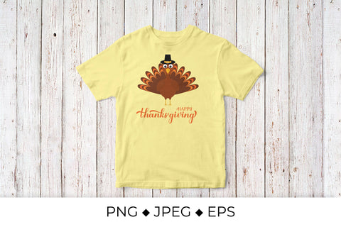 Happy Thanksgiving calligraphy hand lettering with cute cartoon turkey Sublimation LaBelezoka 