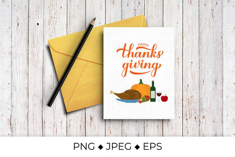 Happy Thanksgiving calligraphy with baked turkey and pumpkin Sublimation LaBelezoka 