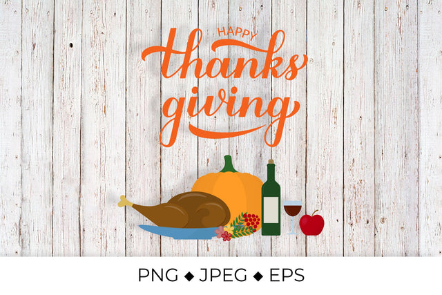 Happy Thanksgiving calligraphy with baked turkey and pumpkin Sublimation LaBelezoka 
