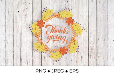 Happy Thanksgiving lettering. Wreath of colorful autumn leaves Sublimation LaBelezoka 