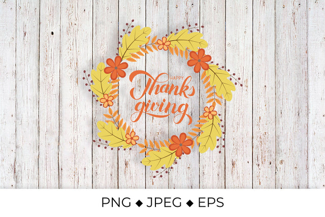 Happy Thanksgiving lettering. Wreath of colorful autumn leaves Sublimation LaBelezoka 
