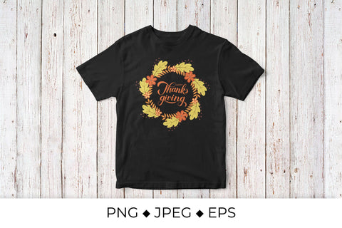 Happy Thanksgiving lettering. Wreath of colorful autumn leaves Sublimation LaBelezoka 