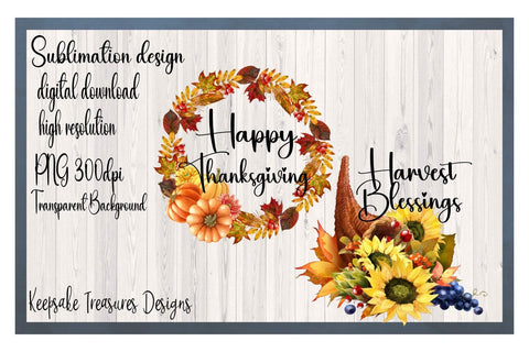 Happy Thanksgiving Wreath, Cornucopia Harvest Blessings, Home Decor, Sublimation PNG Printable, Digital Download Sublimation Keepsake Treasures Designs LLC. 
