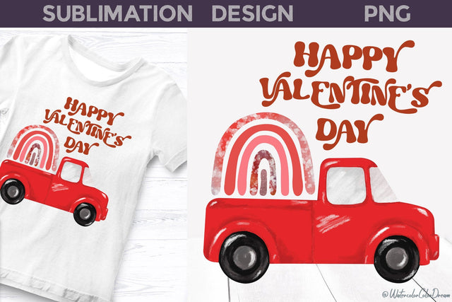 Happy Valentines Day I Red Truck Valentine PNG Sublimation WatercolorColorDream 
